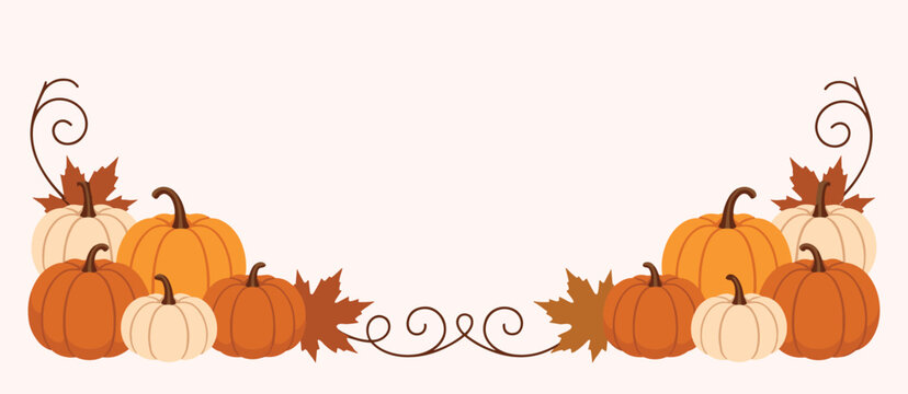 Decorative autumn harvest border featuring cute pumpkins and maple leaves arranged in a horizontal fall themed frame