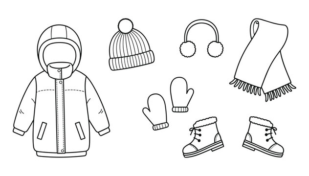 Set of cute winter clothing items featuring a warm jacket a beanie hat earmuffs mittens and boots