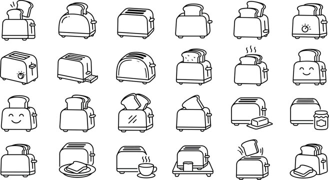 Kitchen Toaster and Sliced Bread Line Icon Set for Breakfast Caf&eacute; Menus Home Appliance Stores and Cooking Graphic Designs