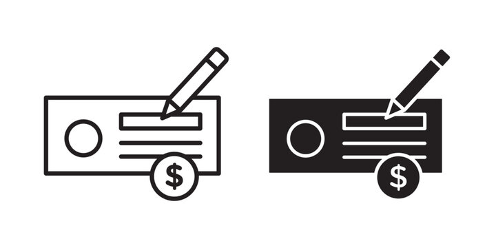 Money check icon flat outline in black