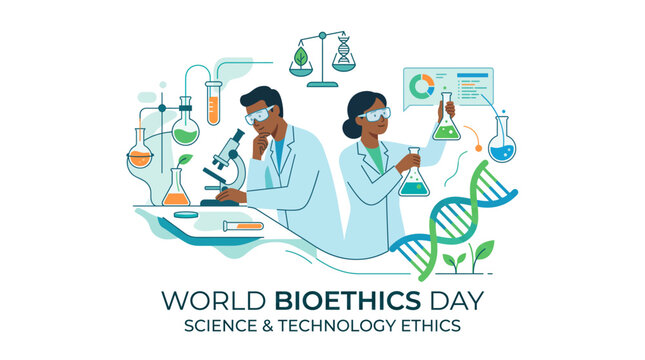 Illustration for World Bioethics Day, showing scientists in a lab with microscopes, flasks, and DNA, emphasizing science and technology ethics.