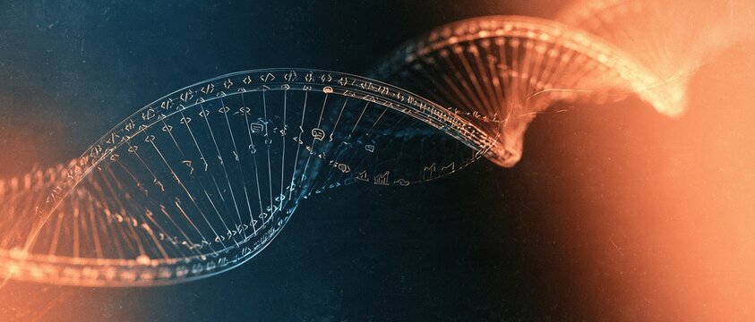 Abstract 3D rendering of a glowing DNA double helix structure with scientific data