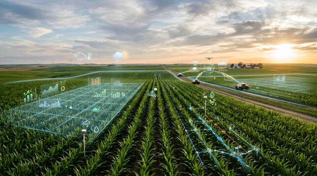 Smart Farming Technology in Vast Corn Field at Sunset - AI Agriculture Innovation