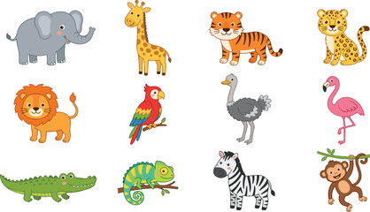 Obraz premium Cute Wild Jungle Animals Vector Icon Set Featuring Cartoon Elephant Giraffe Tiger Lion Parrot Crocodile Zebra and Monkey for Kids Graphic Designs