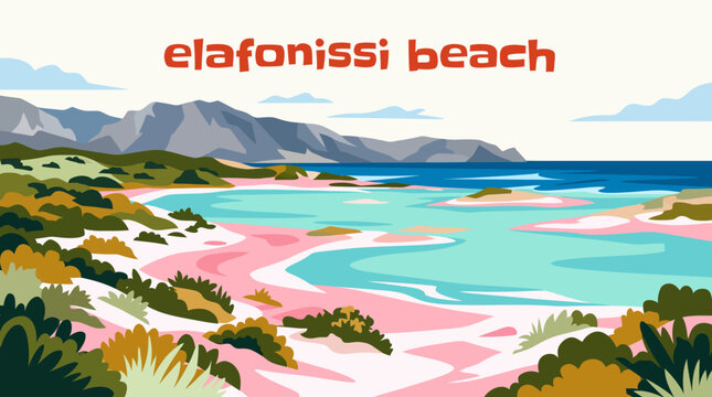 elafonissi beach coastal landscape ocean shoreline travel tourism nature destination famous beach crete greece pink sand turquoise water island tropical summer vector cartoon