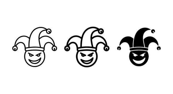 Jester Hat Icons, Joker Face Symbols, Medieval Court Fool Emblems, Vector Graphics