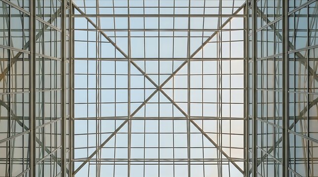 Abstract view of modern glass architecture with geometric steel grid ceiling and structural framework