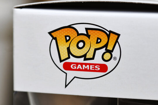 Germany, May 4th 2026: Close up of Funko Pop Games logo on collectible box