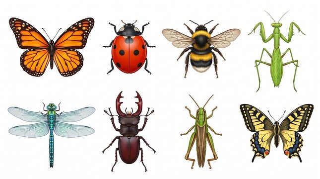 Colorful Vector Collection of Butterflies, Ladybug, Bee, Praying Mantis, Dragonfly and Beetles Isolated on White Background