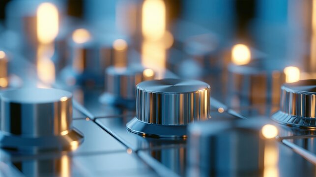Close-up of metallic knobs on a control panel with glowing lights, representing technology and audio equipment