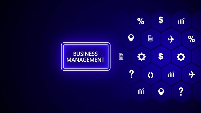 Glowing neon blue rectangle with the words BUSINESMANAGEMENT centered inside, set against a dark blue background with a grid of hexagonal shapes containing white representing