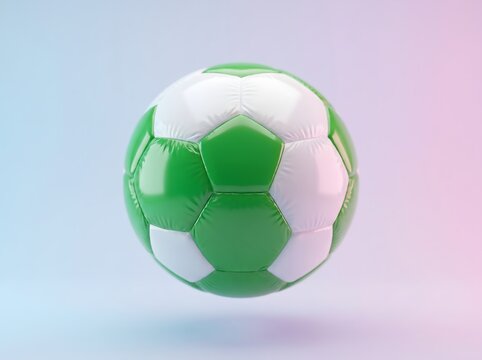 green and white soccer ball floating on pastel background, football sport and eco friendly concept