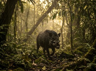 Fototapeta premium A Visayan warty pig walking through a lush, misty rainforest, showcasing its bristly dark fur and facial warts amidst dense tropical foliage and morning light.