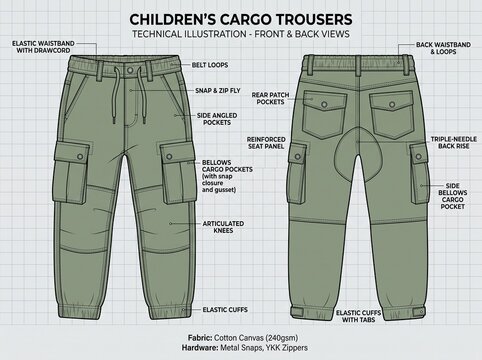 Technical fashion design illustration of children cargo trousers with labels