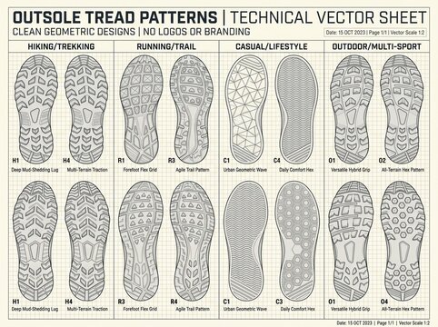 Technical sheet of various shoe outsole tread patterns for footwear design
