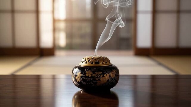 伝統的な和室で黒漆の蒔絵香炉から立ち上るお香の煙