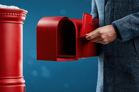 Person holding a red mailbox near a snowy red post box, winter communication concept