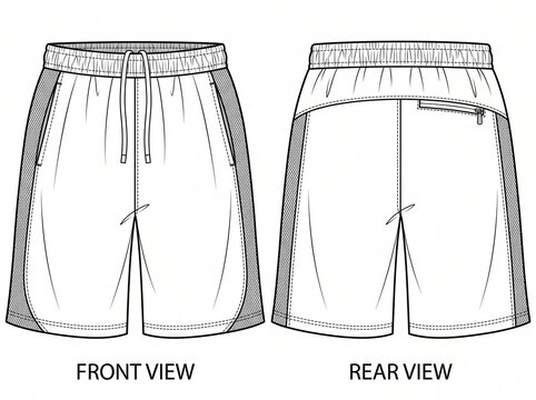 Technical flat sketch of athletic shorts showing front and rear views