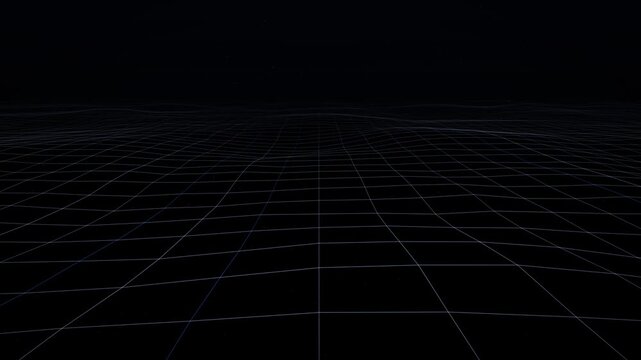 A blue wireframe grid plane ripples gently as it runs out to a distant horizon beneath a faint starfield. ? Classic retro-futurist bed for synthwave titles, tech openers and virtual world sequences.
