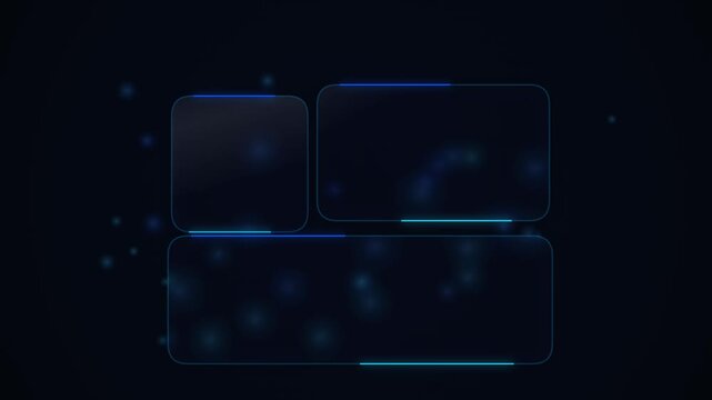 Digital interface elements with glowing blue particles in a dark environment