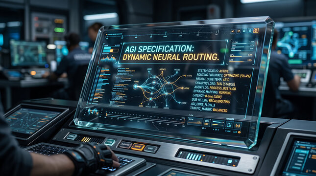 Futuristic Control Room Operator Interacting with Advanced AGI Dynamic Neural Routing Interface System Hologram