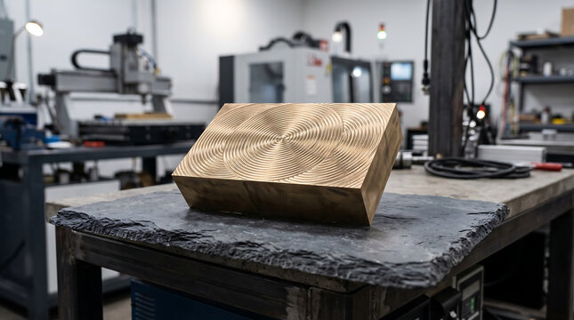 Solid Brass Block with Machined Concentric Circular Texture Resting on a Rough Natural Slate Slab in Machine Shop