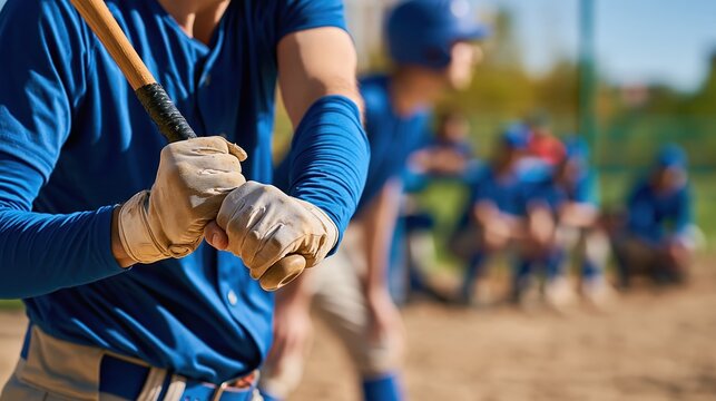 Close-up of Baseball Player Holding Bat Ready to Swing on Field with Teammates Blurred in Background