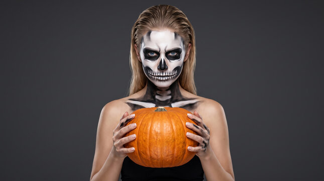 Skeleton holding spooky pumpkin portrait with dramatic face paint for Halloween concept. Halloween celebration costume. dark gothic fantasy mysterious, haunted creepy horror evil bone