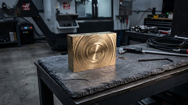 Shiny Machined Brass Block with Circular Milling Pattern Resting on a Natural Slate Surface in a Metal Workshop