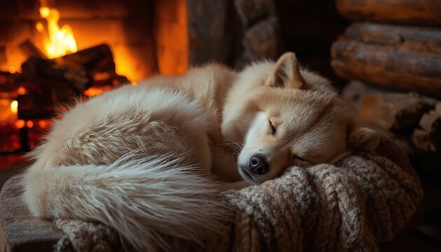 Fluffy dog sleeping peacefully by warm cozy fireplace on knitted blanket, a mix of Chow Chow and Samoyed enjoying tranquil winter evening indoors.