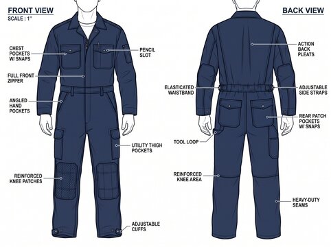 Technical front and back view of a blue mechanic coverall with annotations