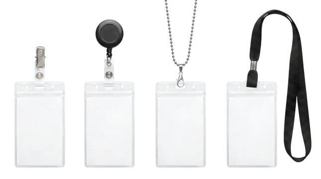 Blank plastic badge holders with lanyard, metal chain and retractable reel, empty identification name tag templates for corporate events isolated PNG with Transparent Background