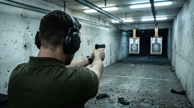 A professional shooter wearing protective headphones aiming a pistol at silhouette targets hanging in a shooting range.