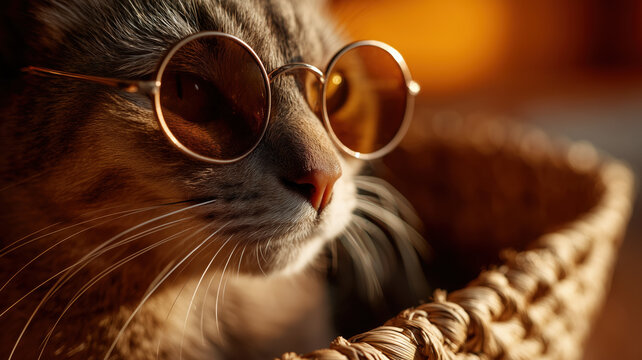 Stylish Cat in Sunglasses Peeking from Woven Basket