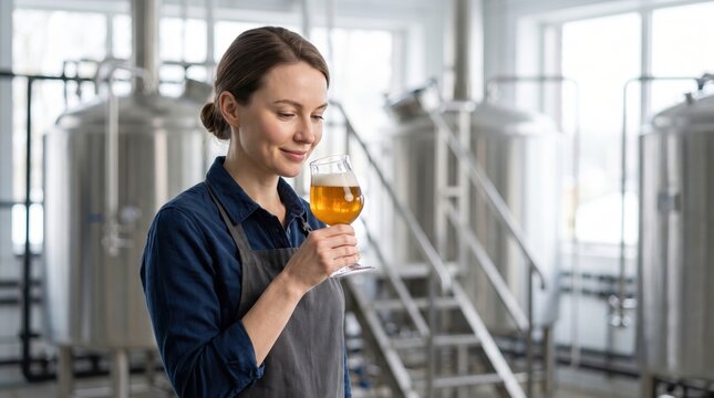 Professional female brewer smelling a glass of craft beer for aroma quality control inside a modern brewery plant.
