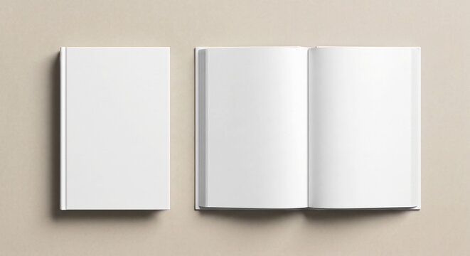 Top-down flat lay of closed and open blank hardcover books on a neutral surface for product presentation.