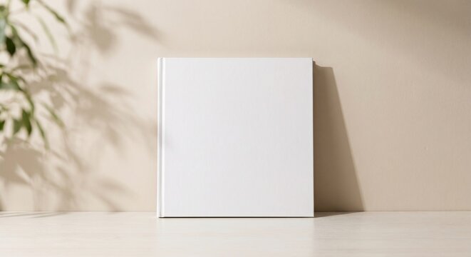 A minimalist front-view mockup of a blank white hardcover book standing upright against a plain wall with soft natural lighting and leafy shadows.