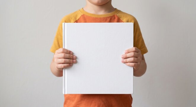 Child hands holding a blank square white hardcover book template against a neutral grey wall.