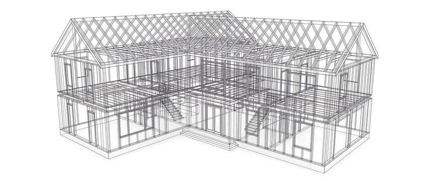 Architectural wireframe visualization of a house blueprint isolated on a transparent background