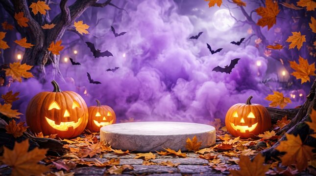 Spooky halloween night scene with carved pumpkins and product podium on misty forest ground.