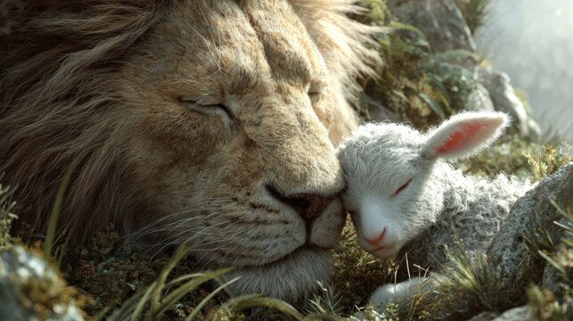 Lion and lamb peacefully resting, lying in grass together sleeping. Use this image for promoting love, peace, and unexpected friendship.