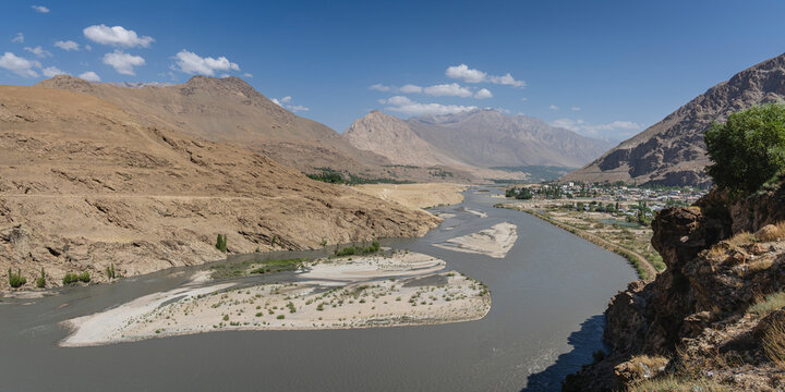 Scenic mountain landscape panorama of Khorog city capital of Gorno-Badakhshan in Panj river valley bordering Afghanistan, Tajikistan Pamir