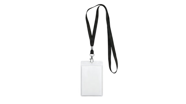Blank plastic ID badge holder with black neck lanyard, empty vertical name tag mockup, corporate security pass template for events and conferences isolated PNG with Transparent Background