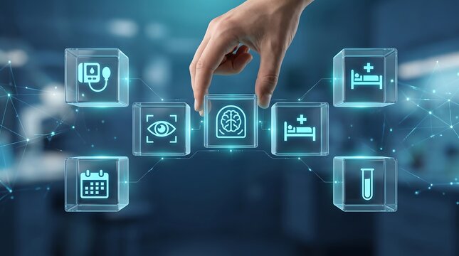 Hand placing a glass cube containing a brain icon into a network of medical health monitoring icons representing neurotechnology and advanced patient diagnostic care systems