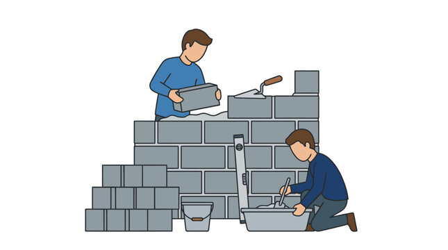Elegant of Two Workers Constructing a Brick Wall with Tools and Building Materials with high quality professional line art symbols for modern creative design and digital branding projects