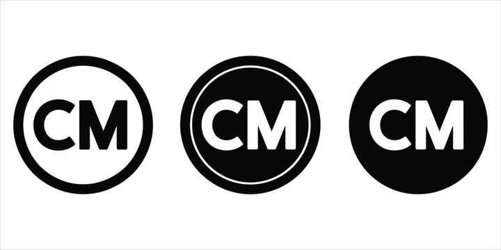 Three circular CM logos in black and white variations symbol monogram