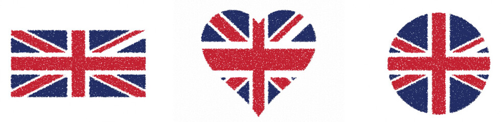 Fototapeta premium United kingdom flag icons in heart and circle shapes isolated on transparent background for patriotic web interface and design application.