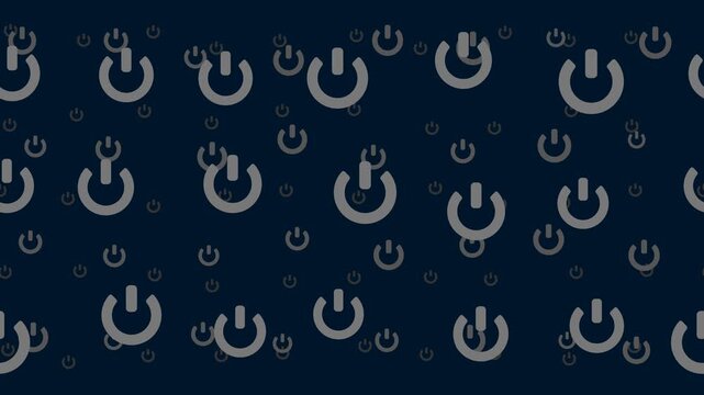 Power button symbols float horizontally from left to right. Parallax fly effect. Floating symbols are located randomly. Seamless looped 4k animation on dark blue background