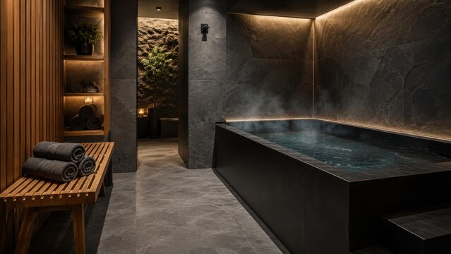 Relaxing space with a hot tub and warm lighting in a modern wellness center showcasing natural materials and a calming atmosphere for a soothing experience in the evening