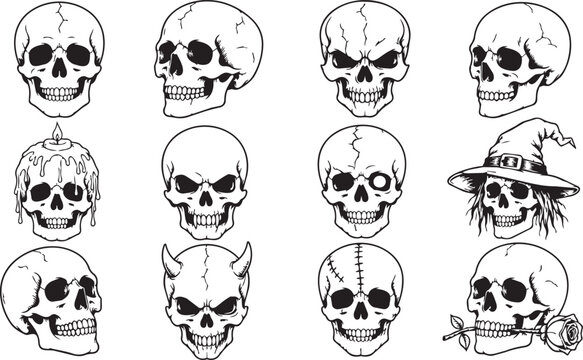 Set of hand drawn human skull illustrations in vector